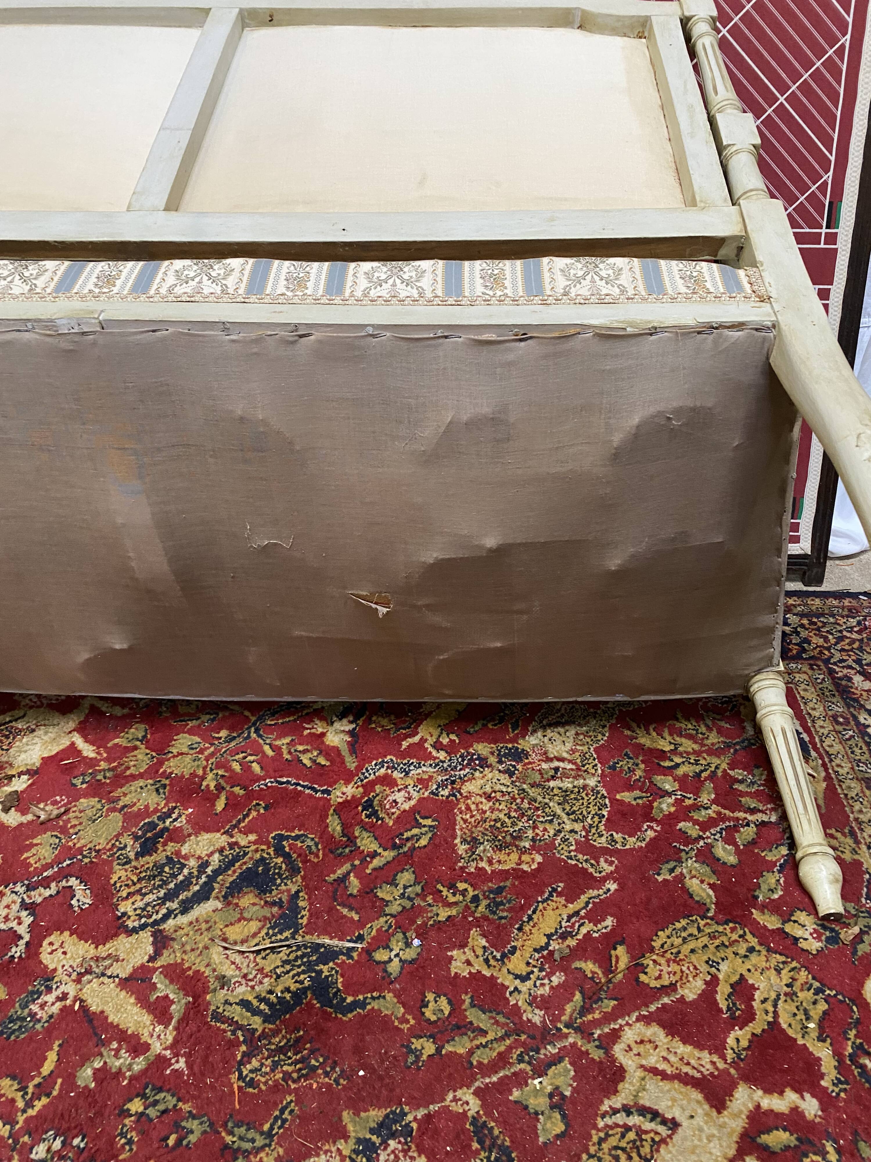 Louis XVI style bench carved with original fabrics and silks