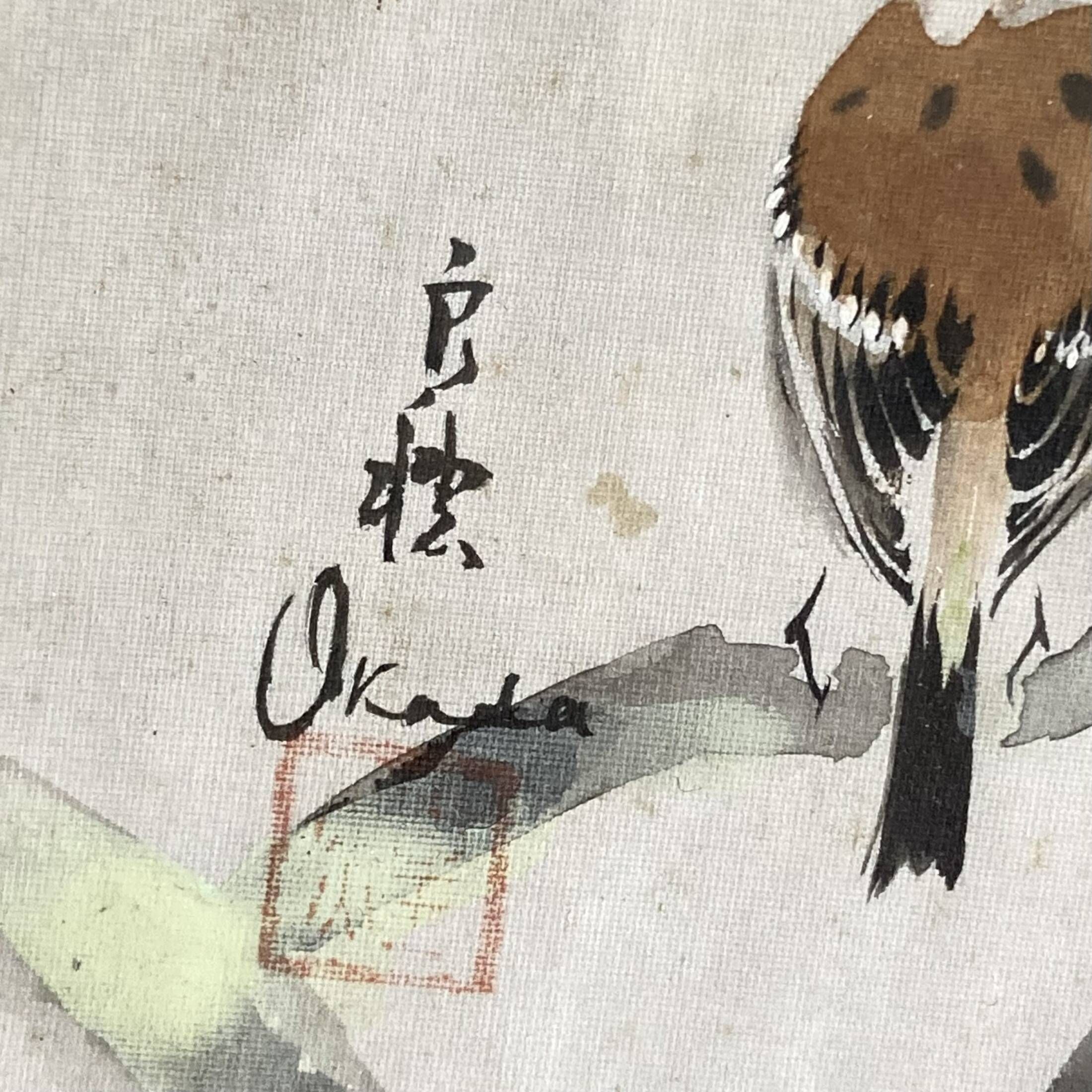 Small Japanese painting birds and cherry blossom Okada vintage old watercolor