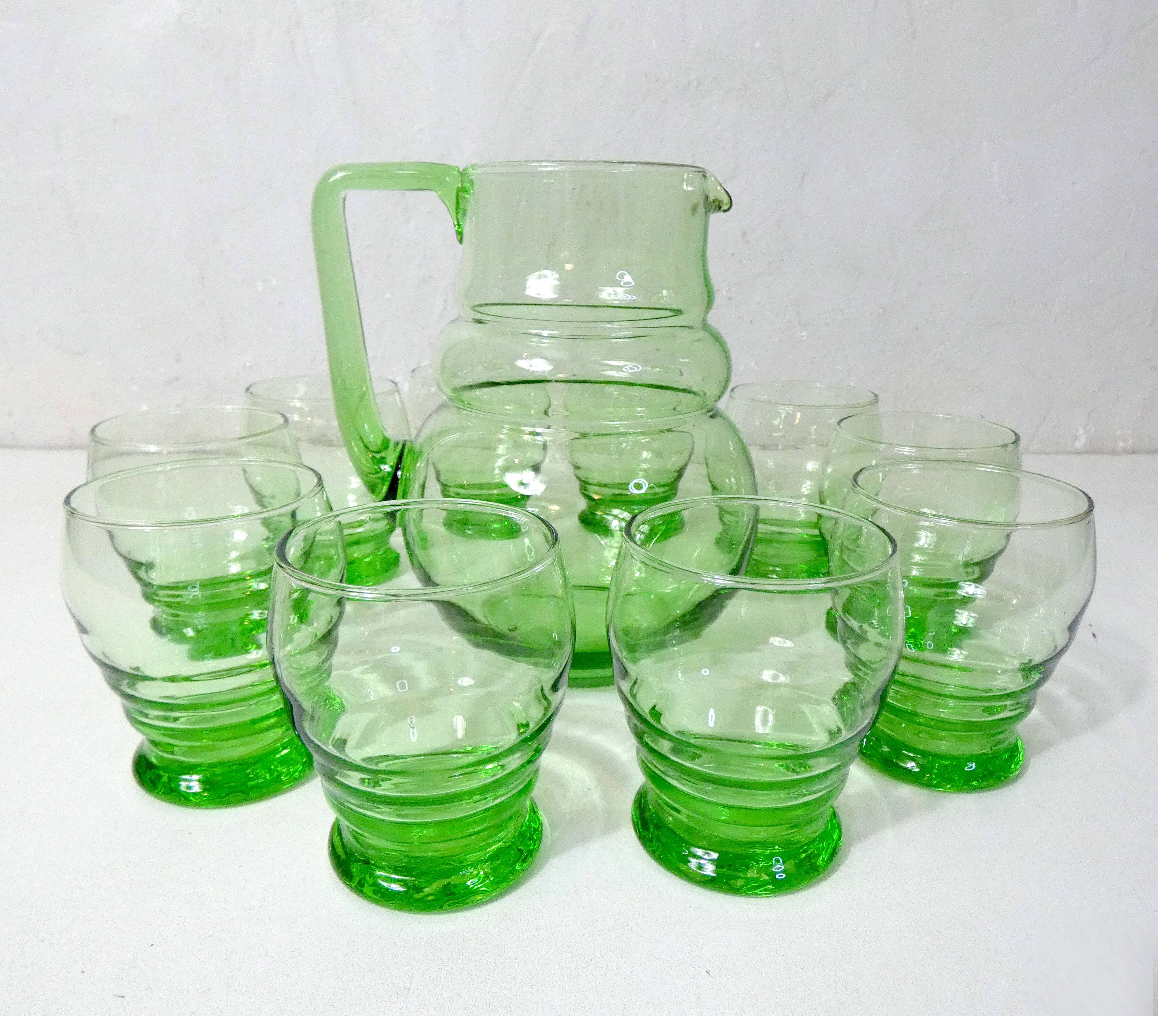 old service 10 water glasses and carafe in blown glass