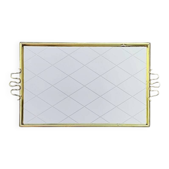 Ancien plateau miroir en métal doré – décor losanges dorés