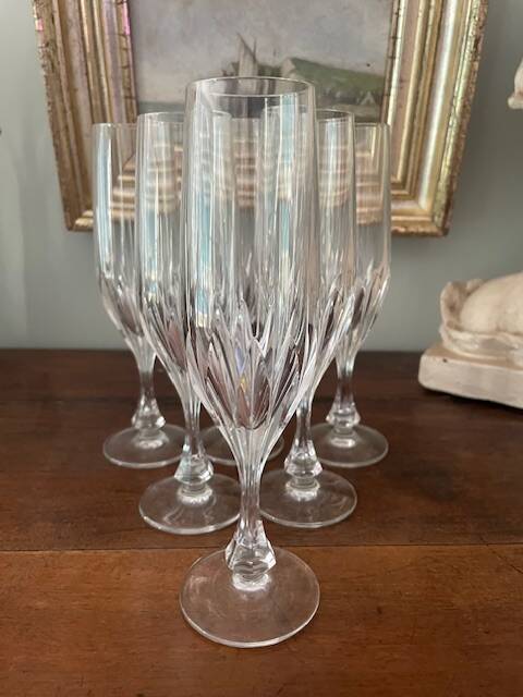 6 antique cut and engraved crystal champagne flutes