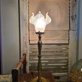 Brass floor lamp with Art Deco claw tulip shade.