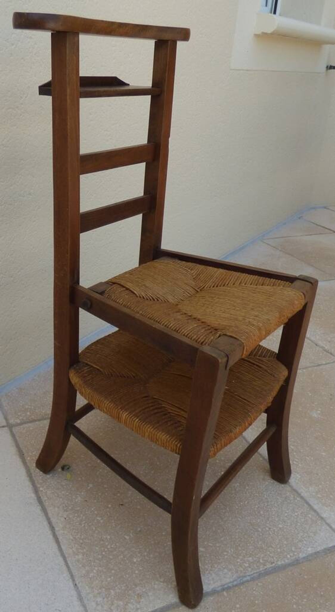 Chaise de prière vintage en bois, paille tressée double, siège relevable