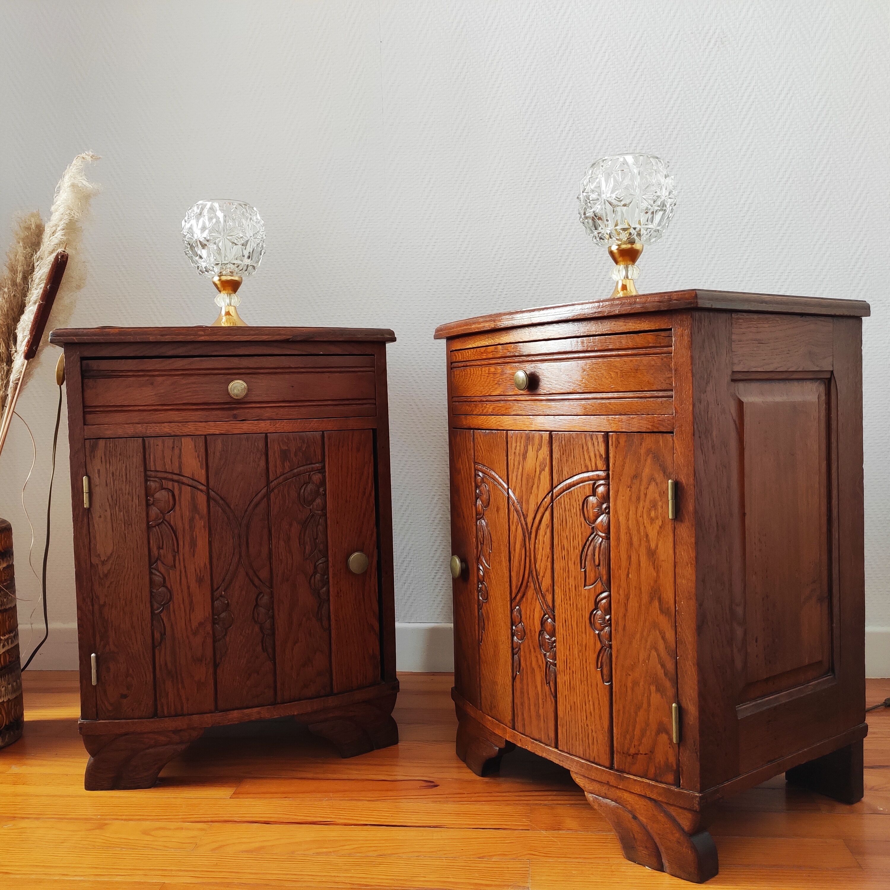 Pair of oak art deco bedside tables