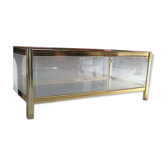 Table basse vitrine vintage en laiton doré et verre avec serrure