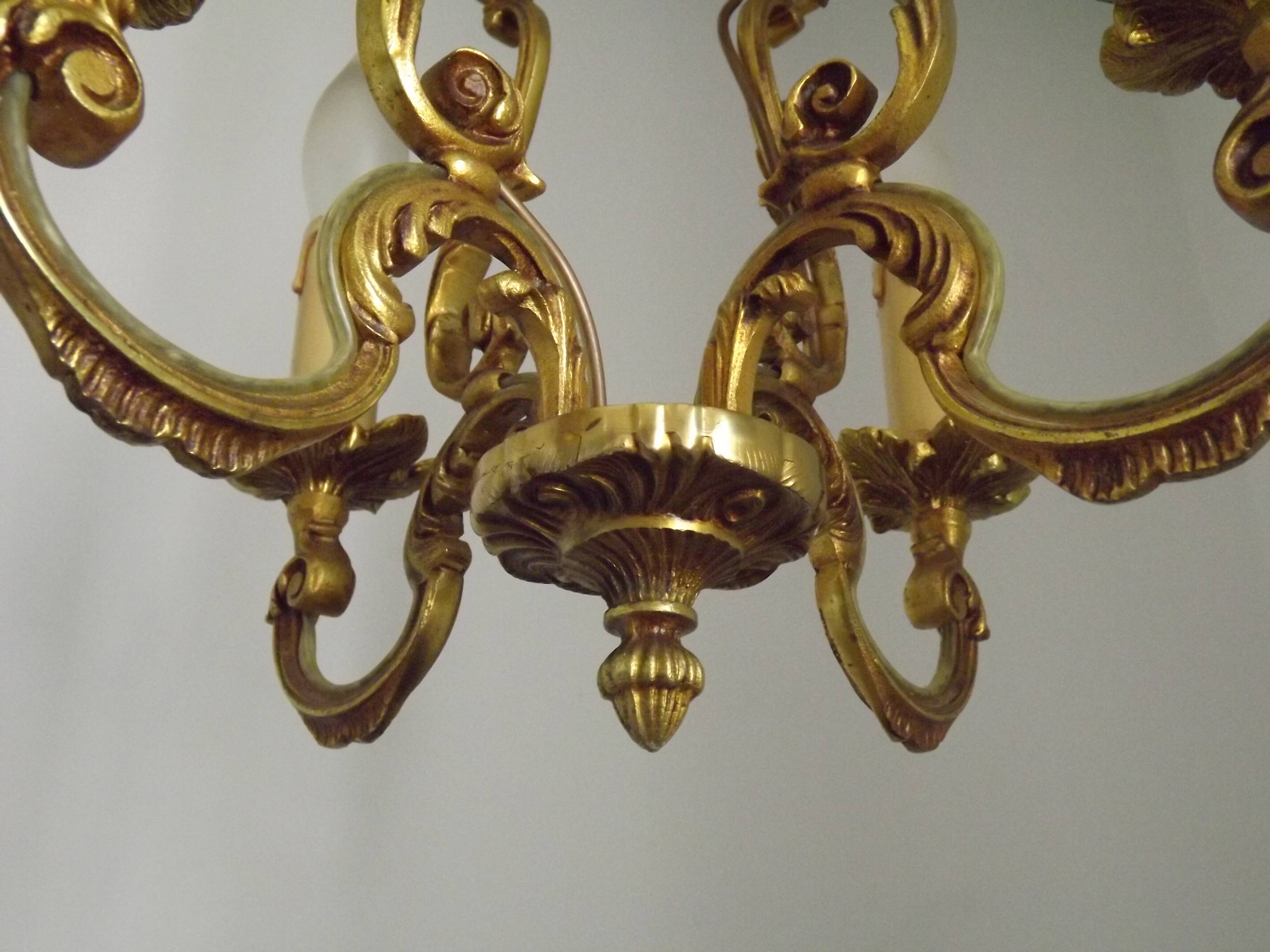 French Vintage Bronze Art Nouveau Style 4 Light 4 Sided Cage Chandelier