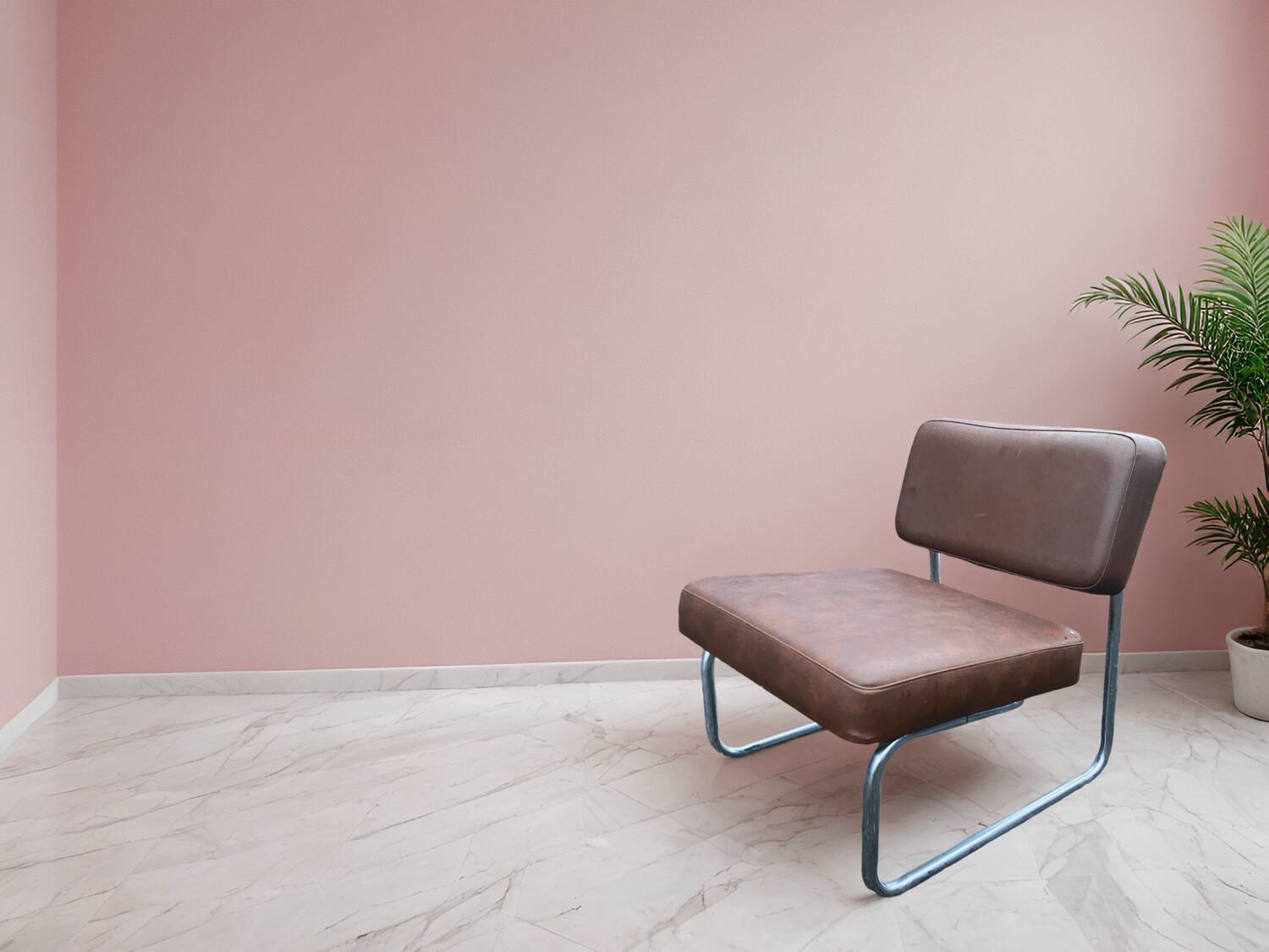 Vintage low cantilever armchair – Brown faux leather & tubular frame