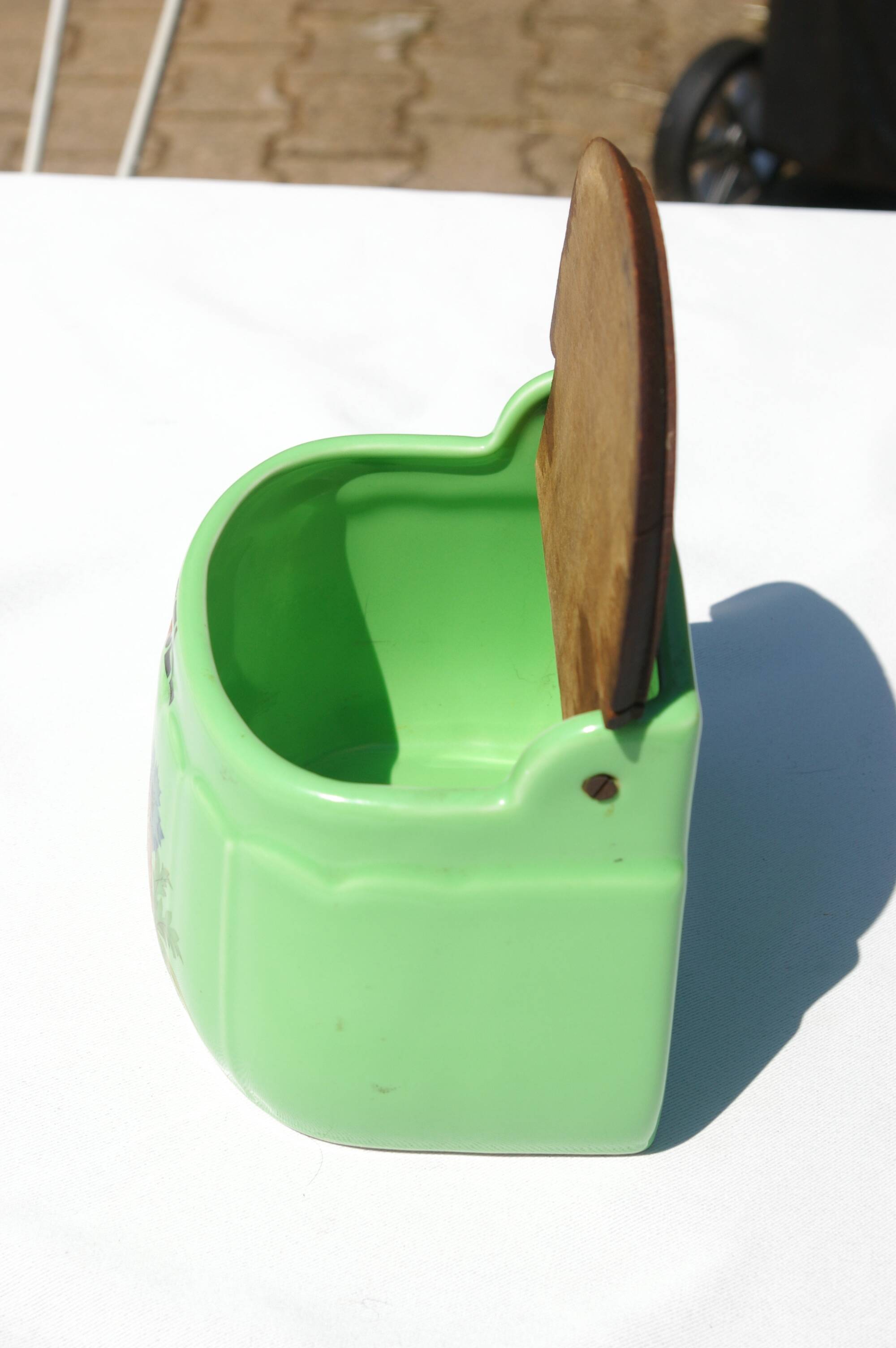 Vintage Ceramic and Wood Salt Box - Rare green color