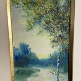 Large watercolor from the early 20th century, signed landscape of a wooded river bank
