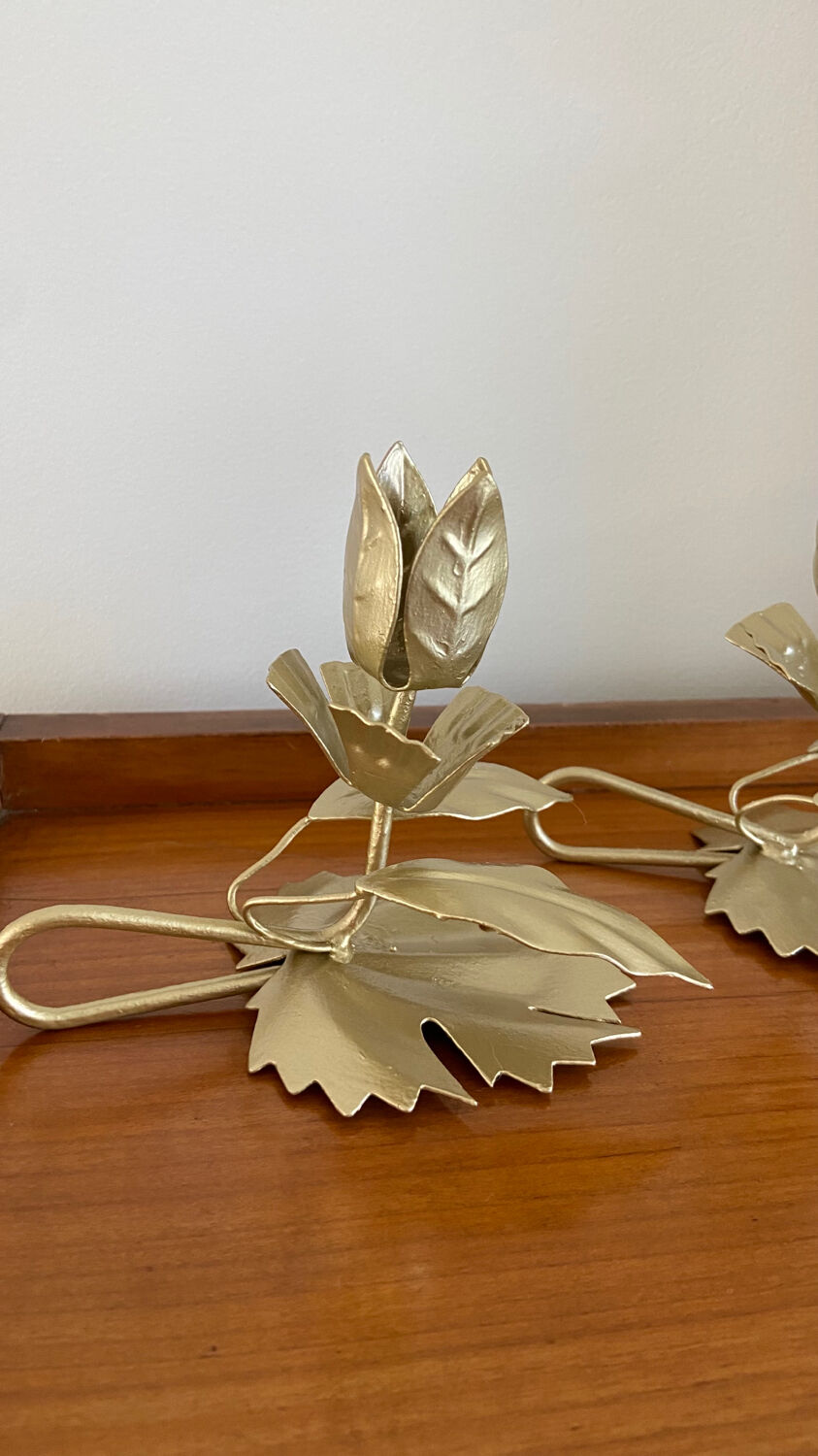 Pair of vintage flower candle holders in gold painted metal