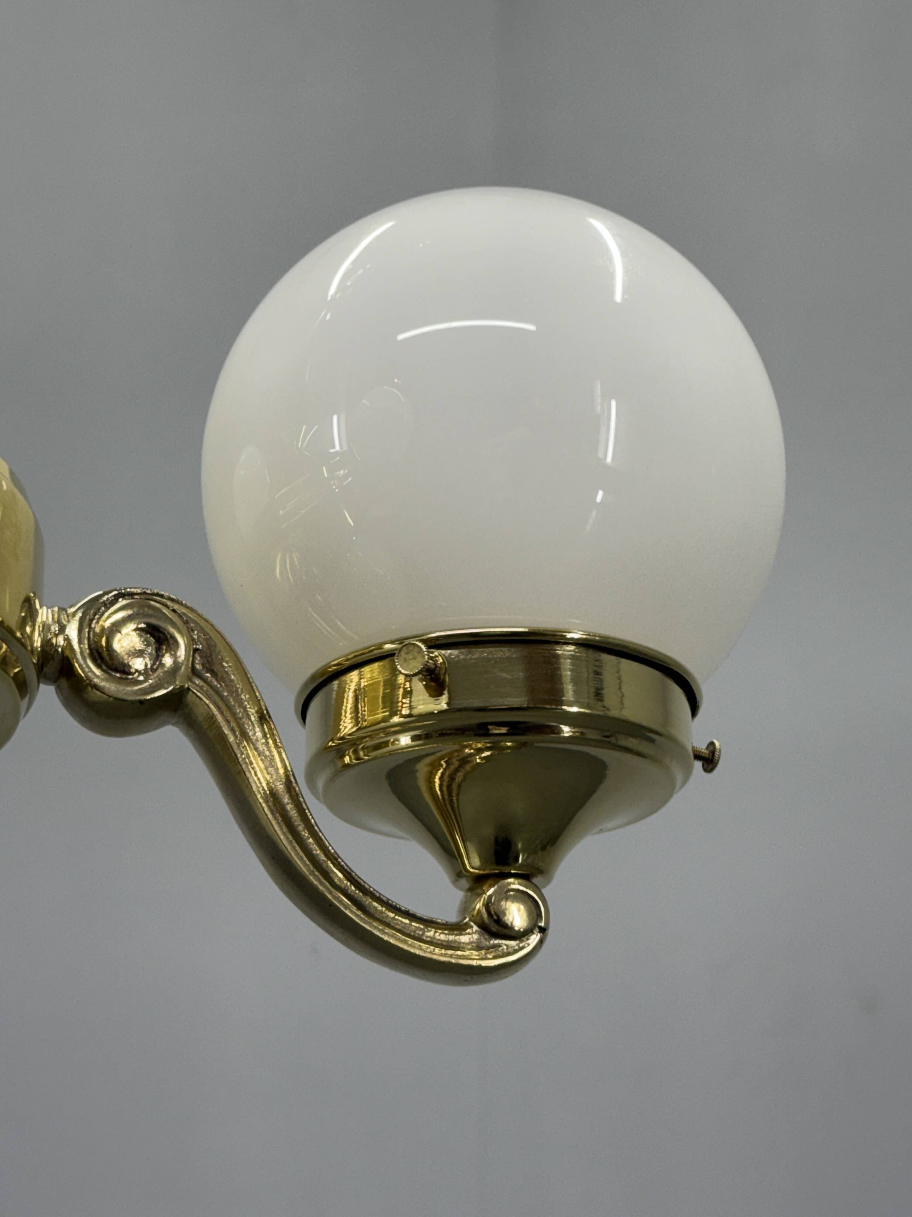 Art Deco Brass and Opaline Glass Chandelier, 1930s