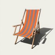Vintage deck chair with orange and grey striped fabric, original patina.