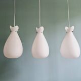 Set of 3 Scandinavian pendant lights in white satin glass, 1960s