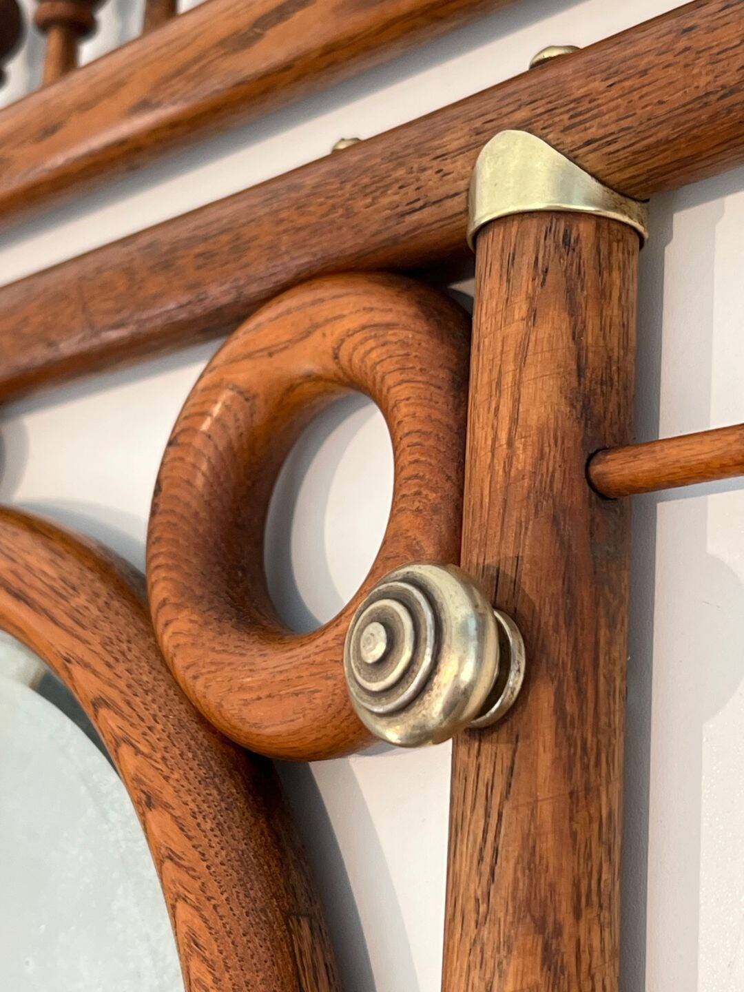 Curved Wooden and Brass Wall Coat Rack, Arts & Crafts, Austria, glass