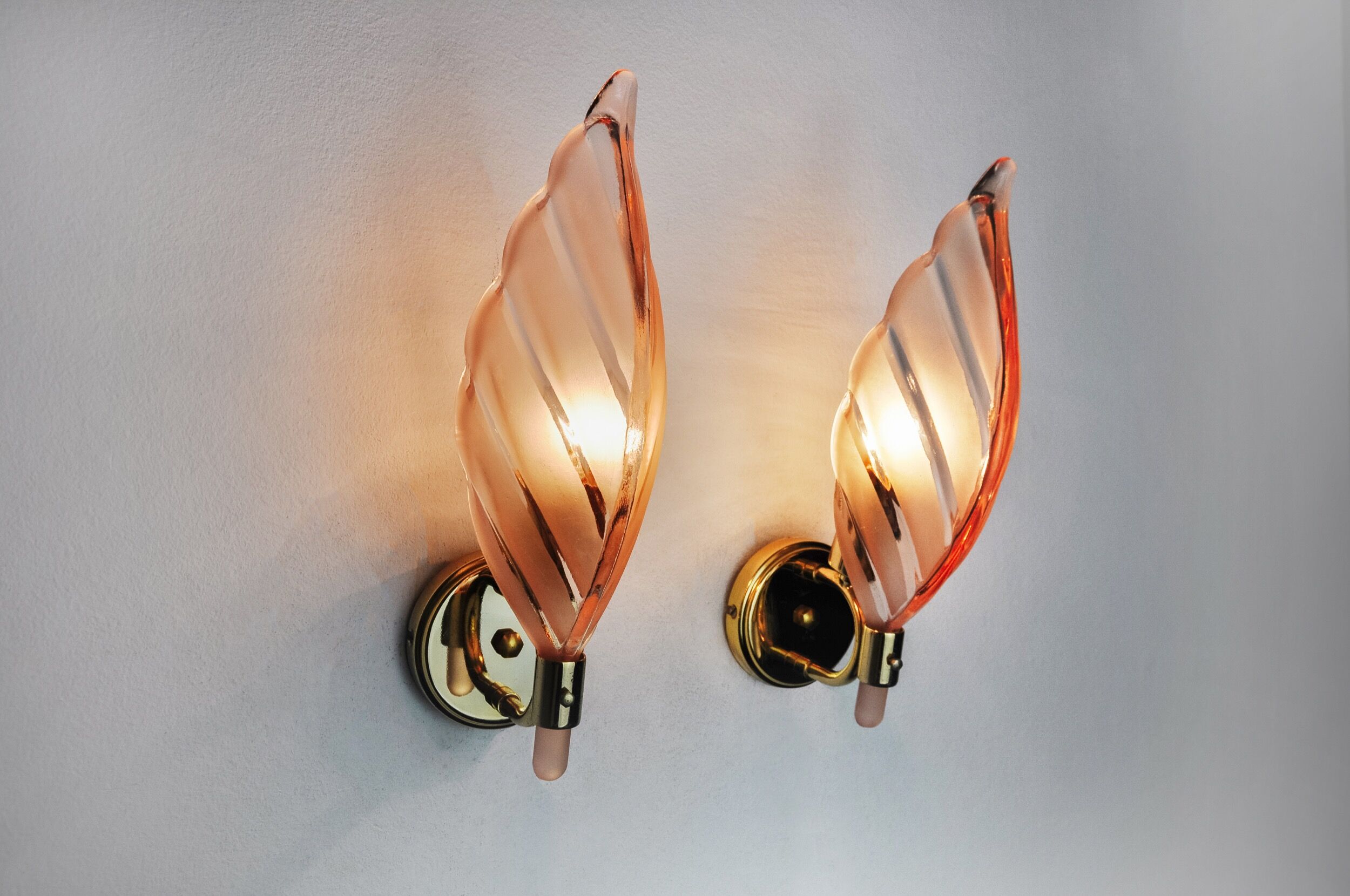Pair of pink leaf sconces, mazzega murano, italy 1970