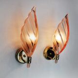 Pair of pink leaf sconces, mazzega murano, italy 1970