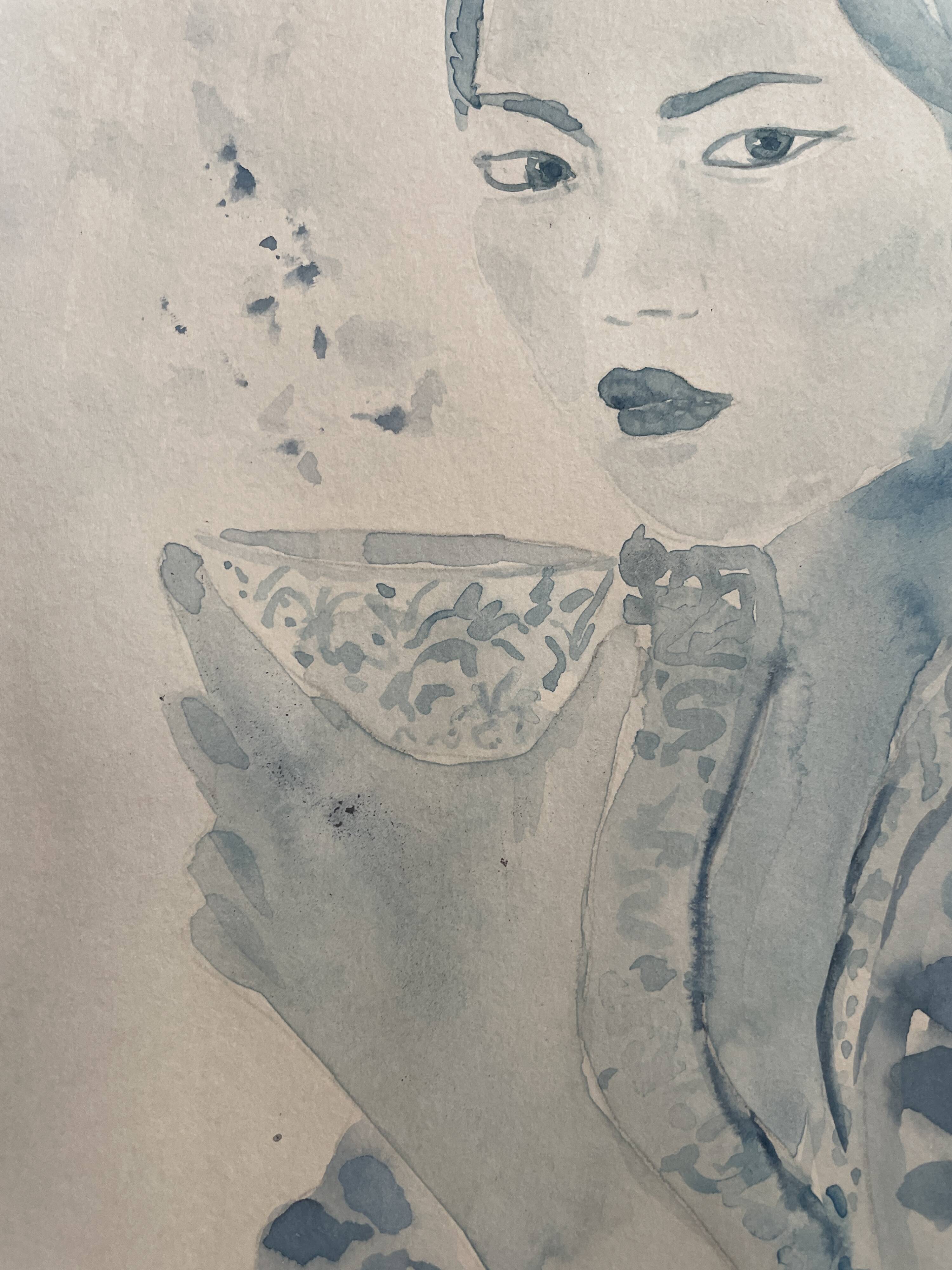Signed blue watercolor painting “Geisha Tea Time” Japan