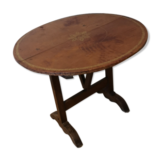 Table de vigneron ronde dessus cuir d'origine incrustation dorée