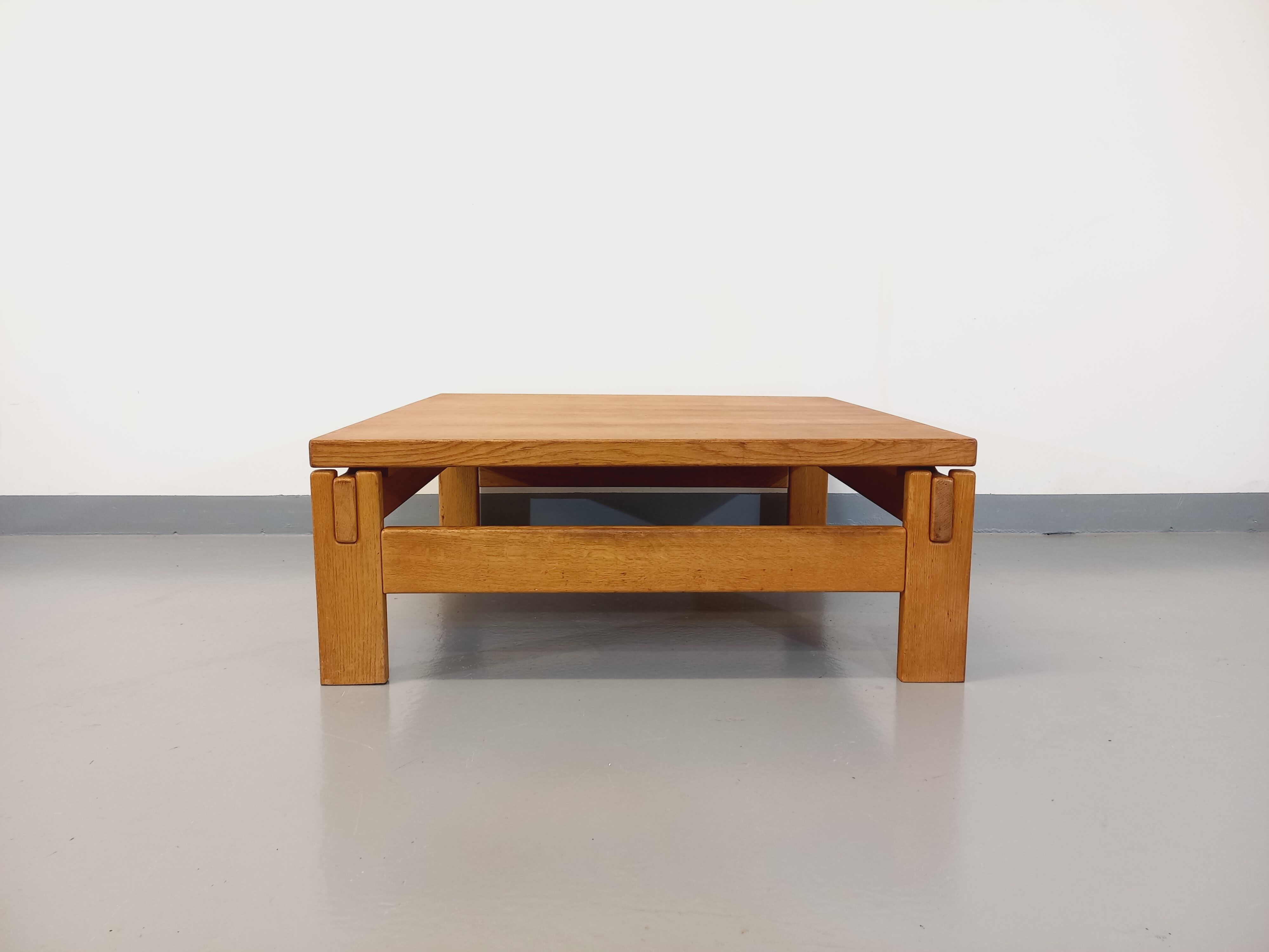 Vintage square coffee table in solid oak wood from the 60s 70s