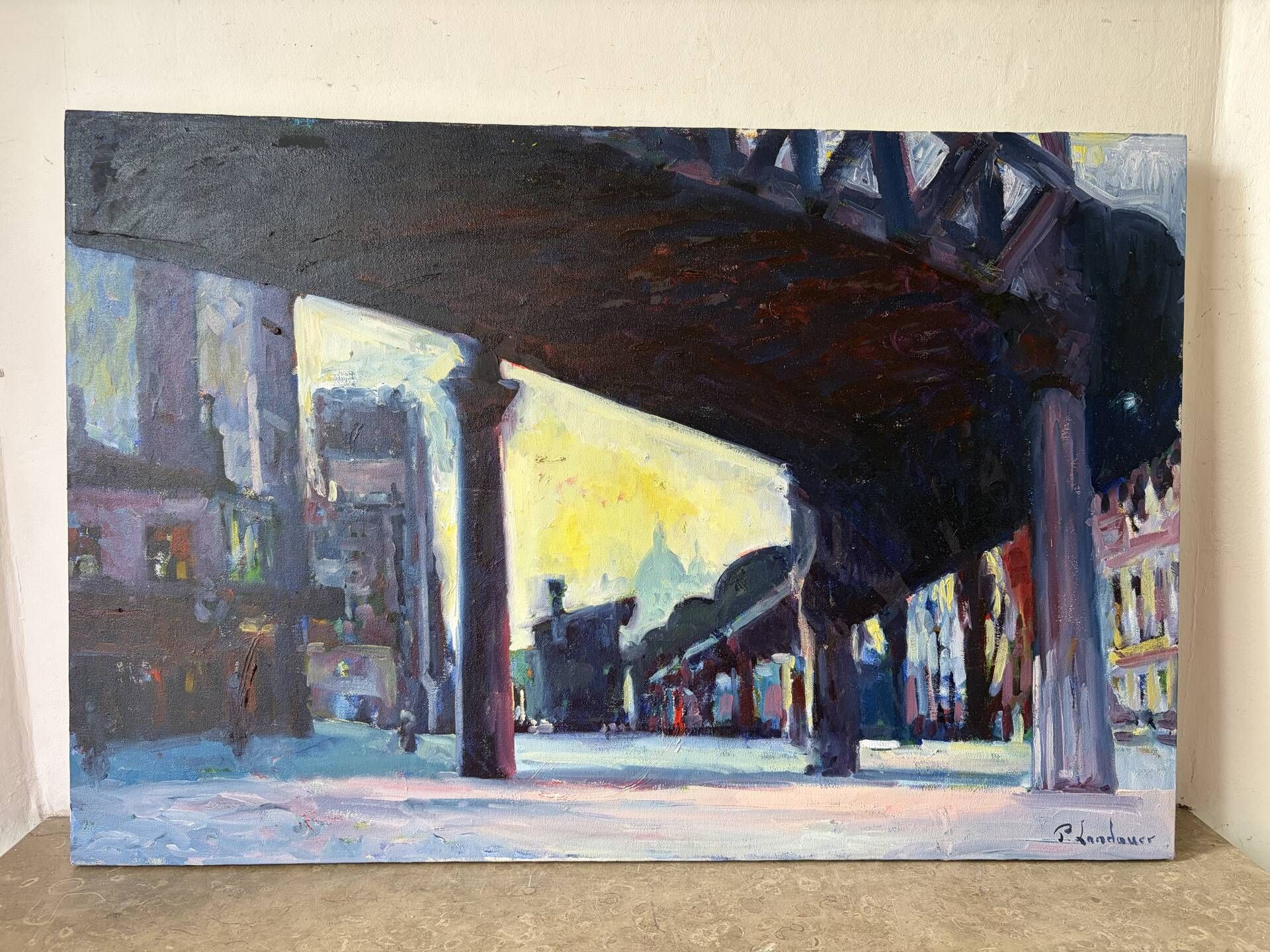 Metro Stalingrad in Paris, oil on canvas signed Patrice Landauer