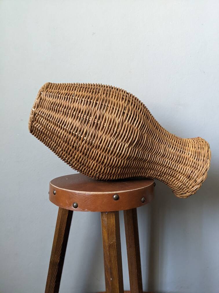 Second-hand woven wicker vase, handmade in the Bohemian countryside
