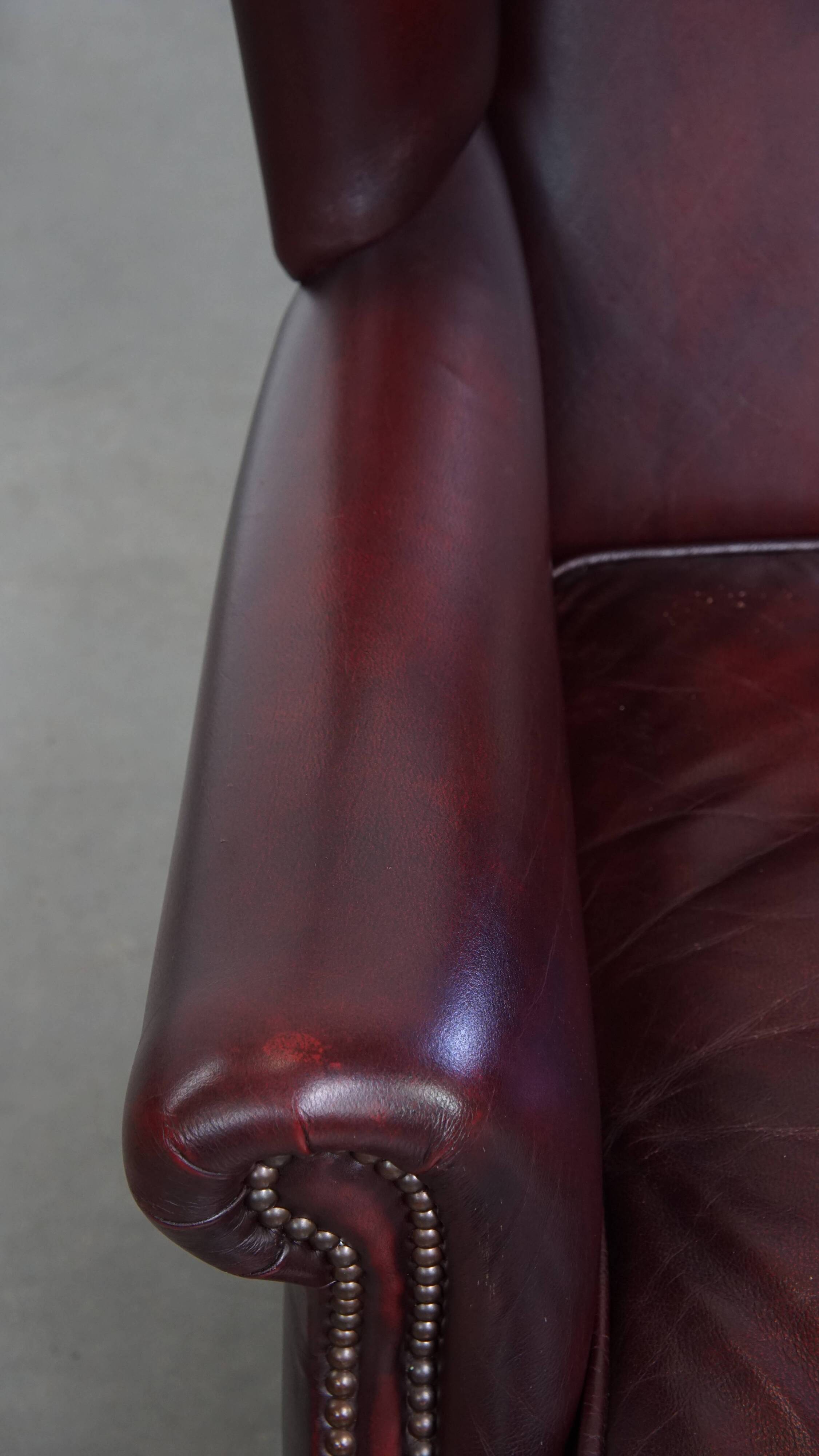 Bordeaux Red Cowhide Leather Wingback Chair in English Style