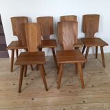 Pierre Chapo series of 6 chairs S 28 solid elm from 1976