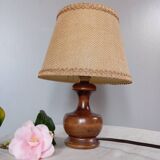 Dark stained turned wood table lamp, camel jute lampshade 1960