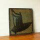 Glazed chamotte clay plaque in grey-green and black, decorated with a rower.