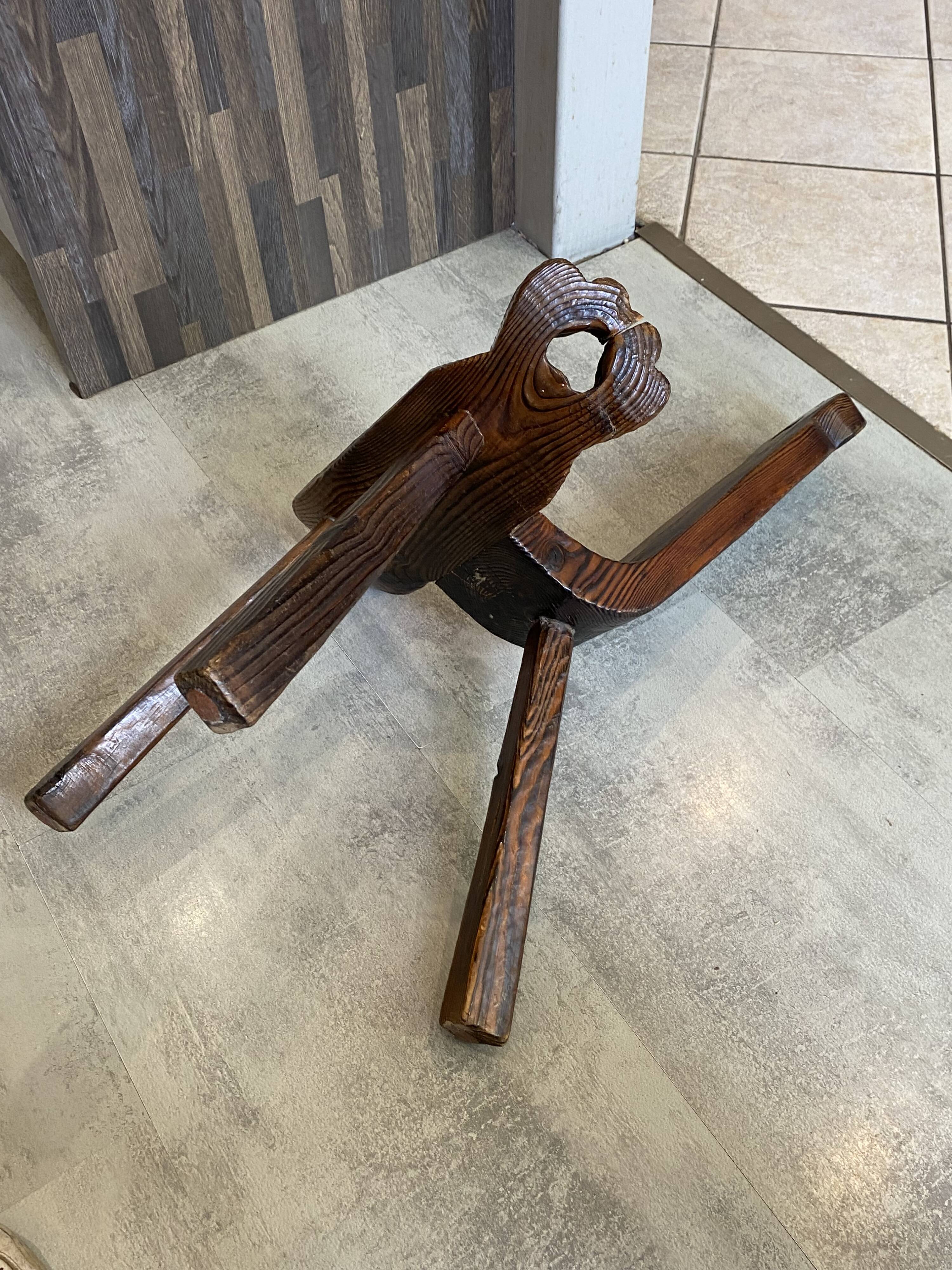 Brutalist tripod chair n2, carved solid wood, antique.