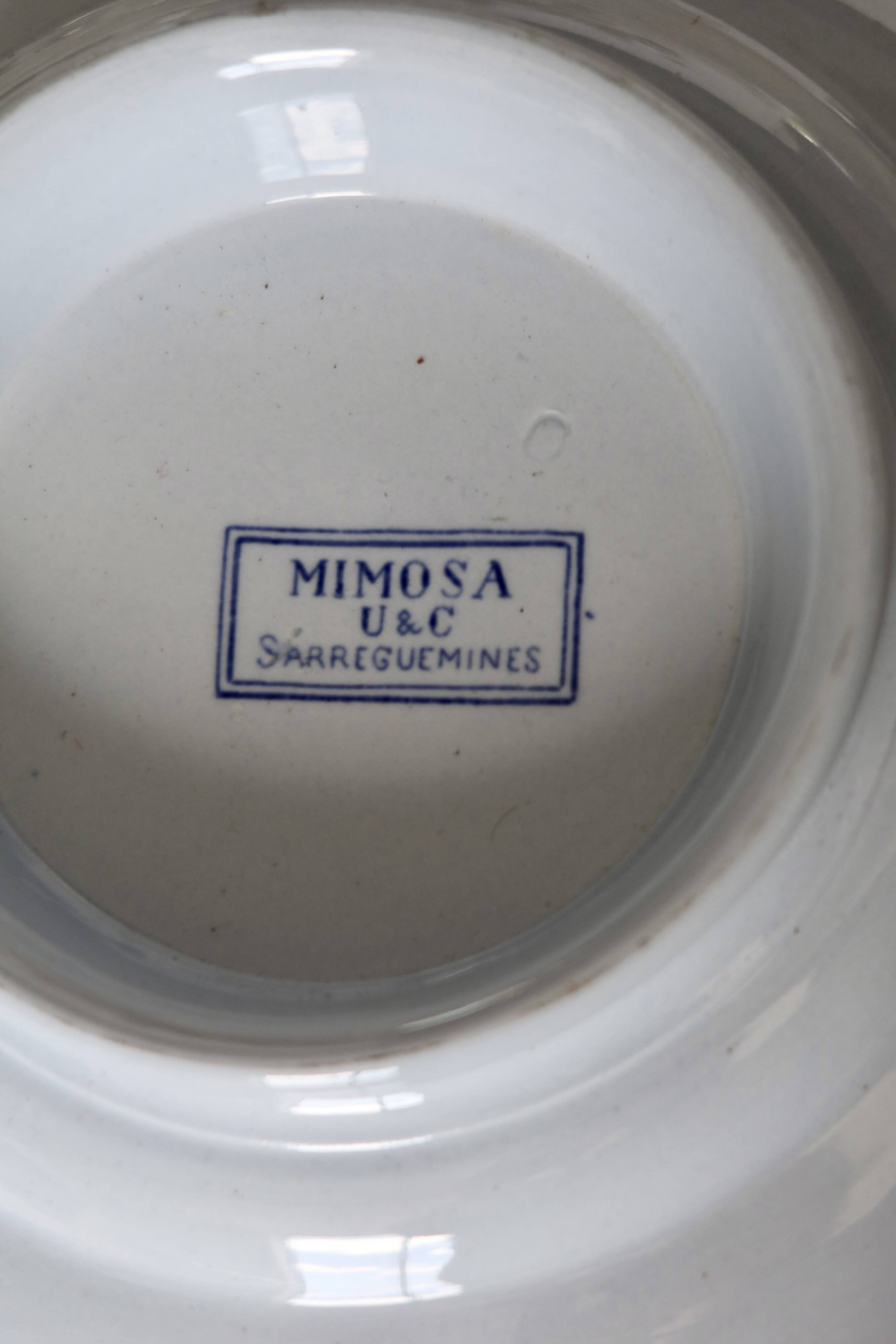 Compotier antique en faïence U&C Sarreguemines, modèle Mimosa