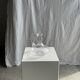 Vintage glass carafe with flattened flared belly handle H18
