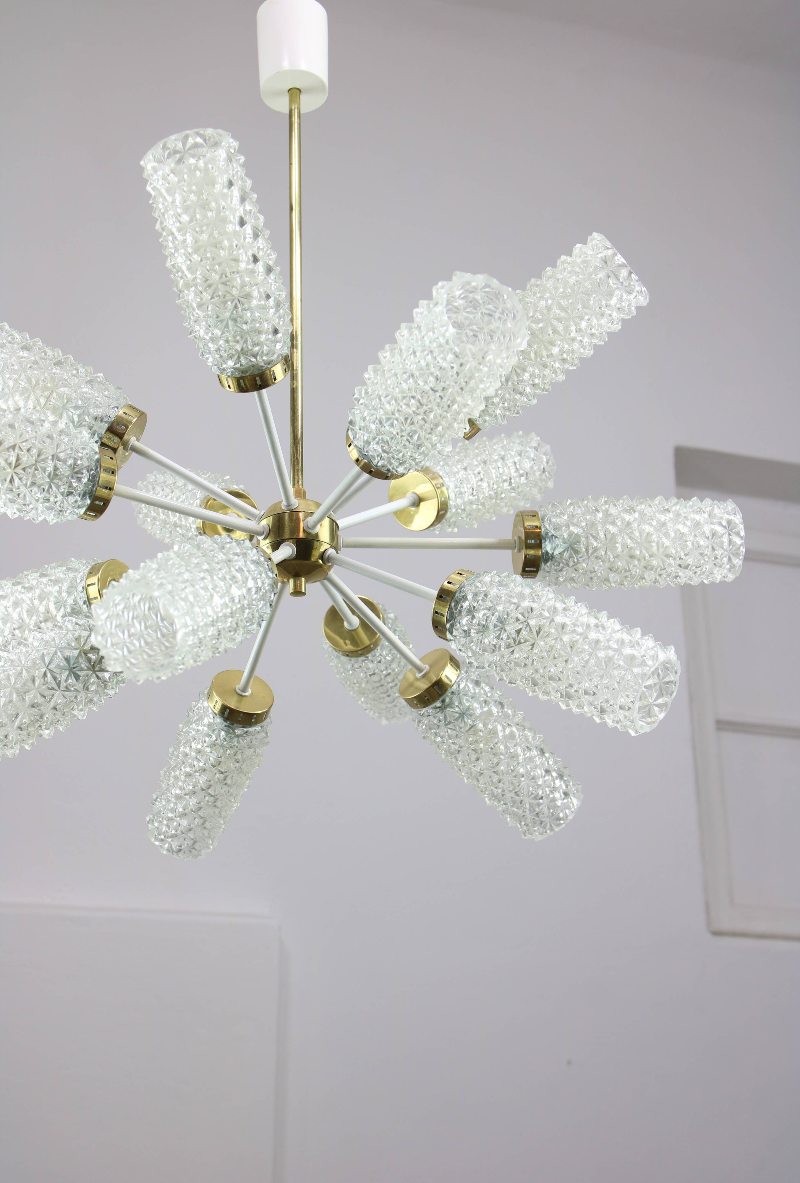 Vintage Sputnik Chandelier: Brass & Textured Glass, Mid-Century Modern Ligh