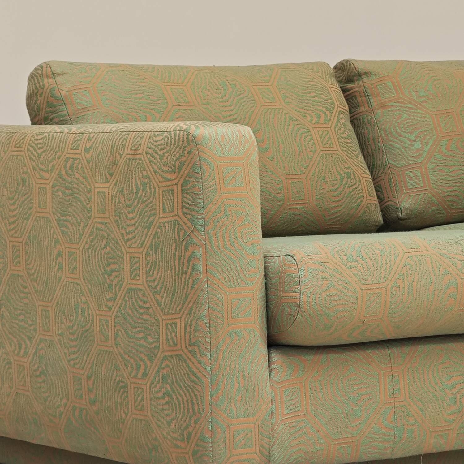 Pierre Frey modernist bench in green and gold patterned fabric