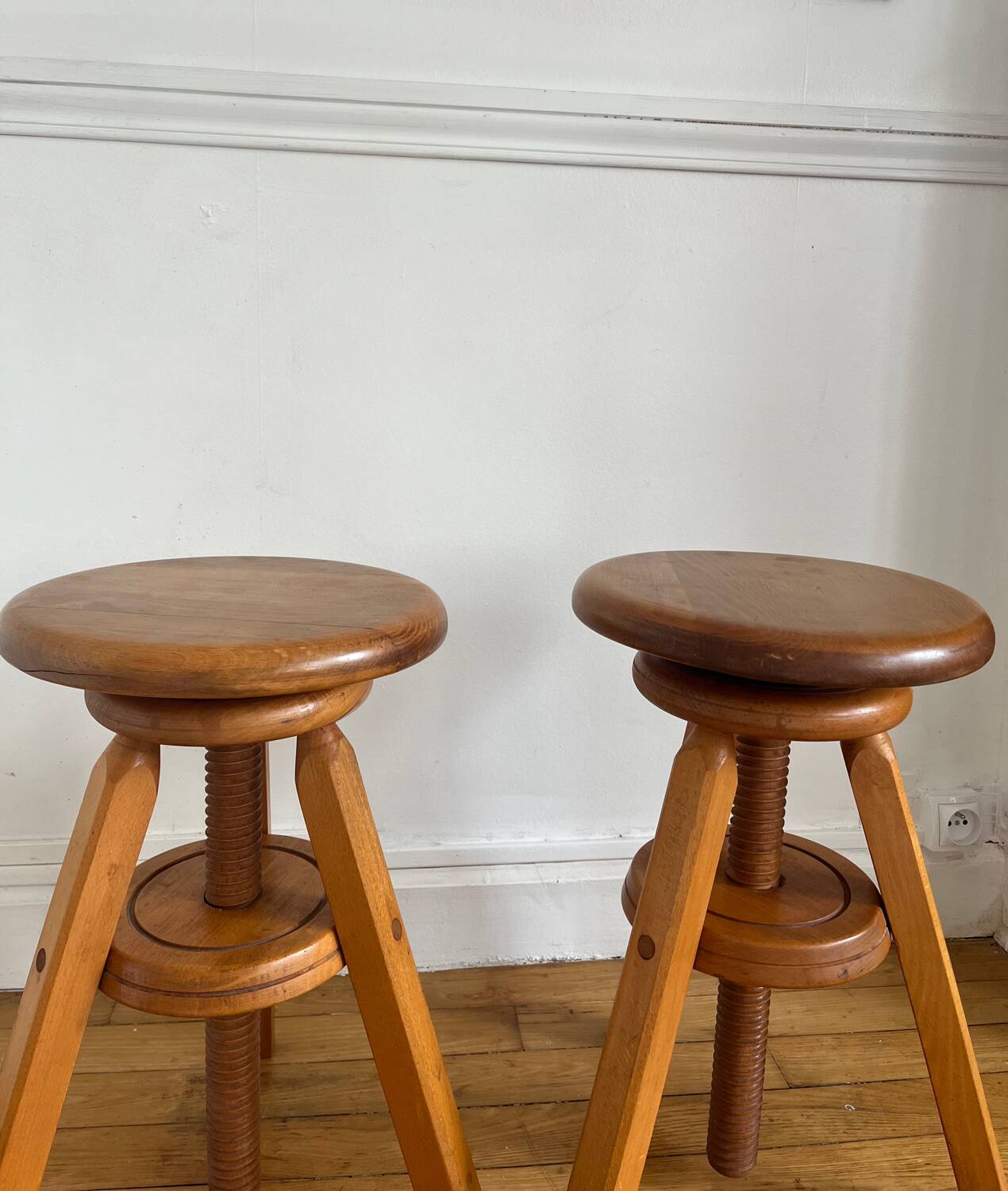 Pair of solid wood screw stools