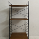 small vintage metal and teak string bookshelf