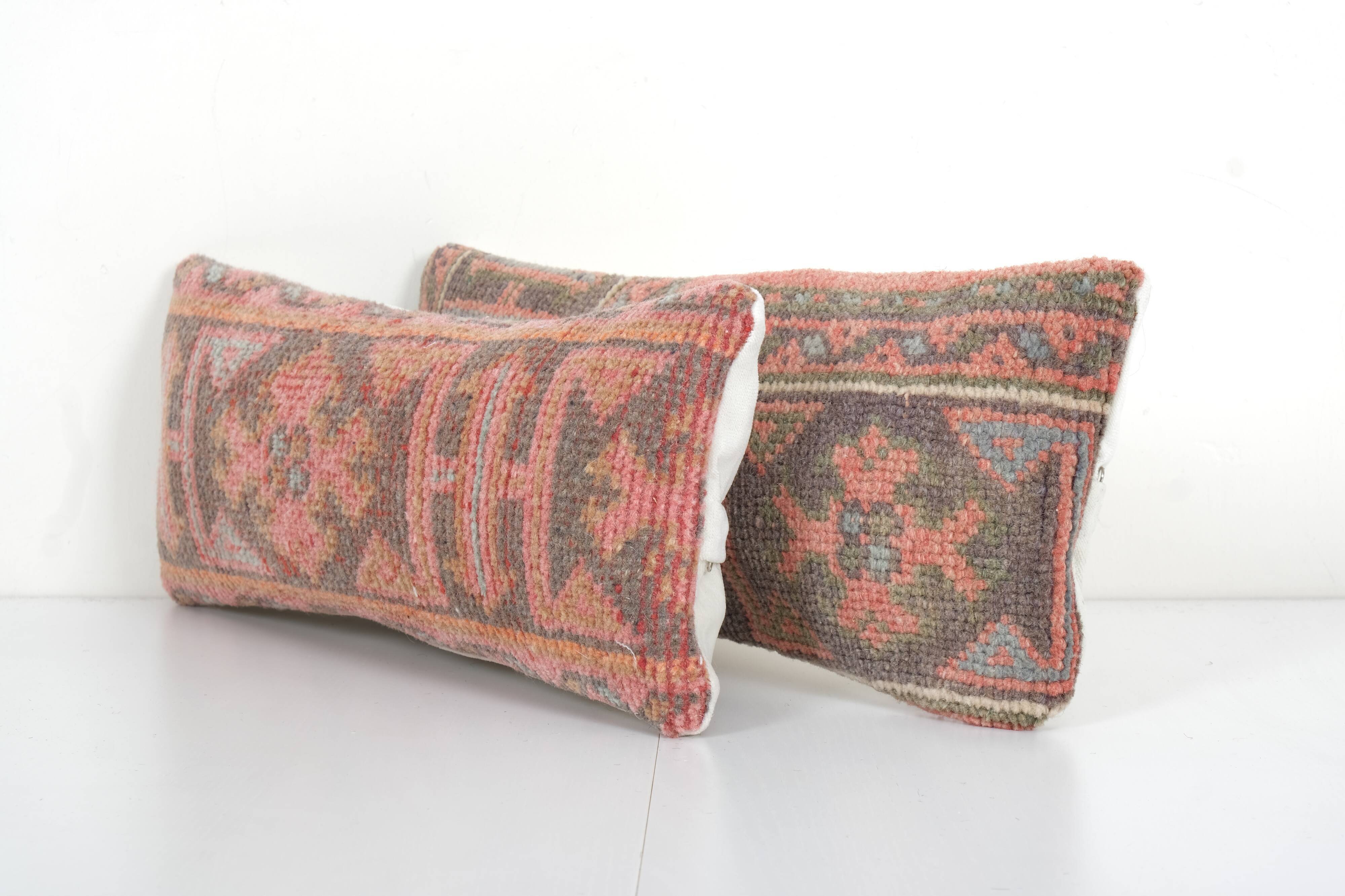 8" x 20" Set of Two Turkish Oushak Rug Pillow, Pair Muted Organic Wool Chair Pillow Case Fashioned
