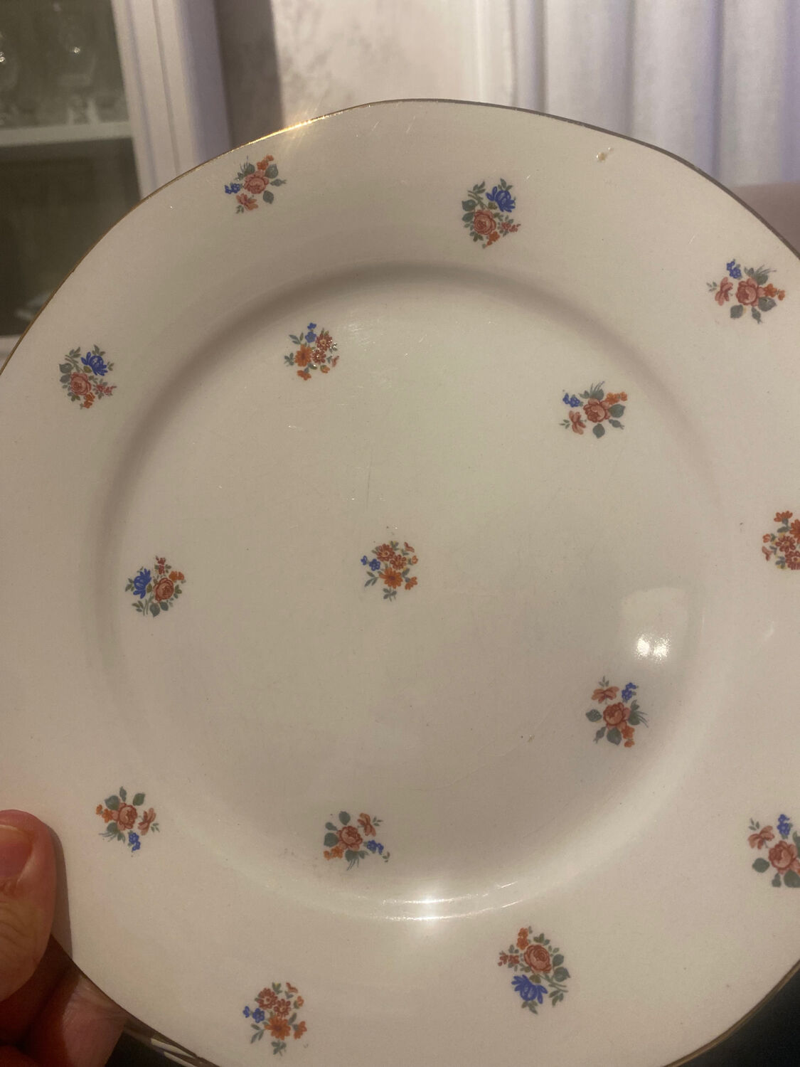 Dessert plate and porcelain dish with a multicoloured floral pattern vintage.