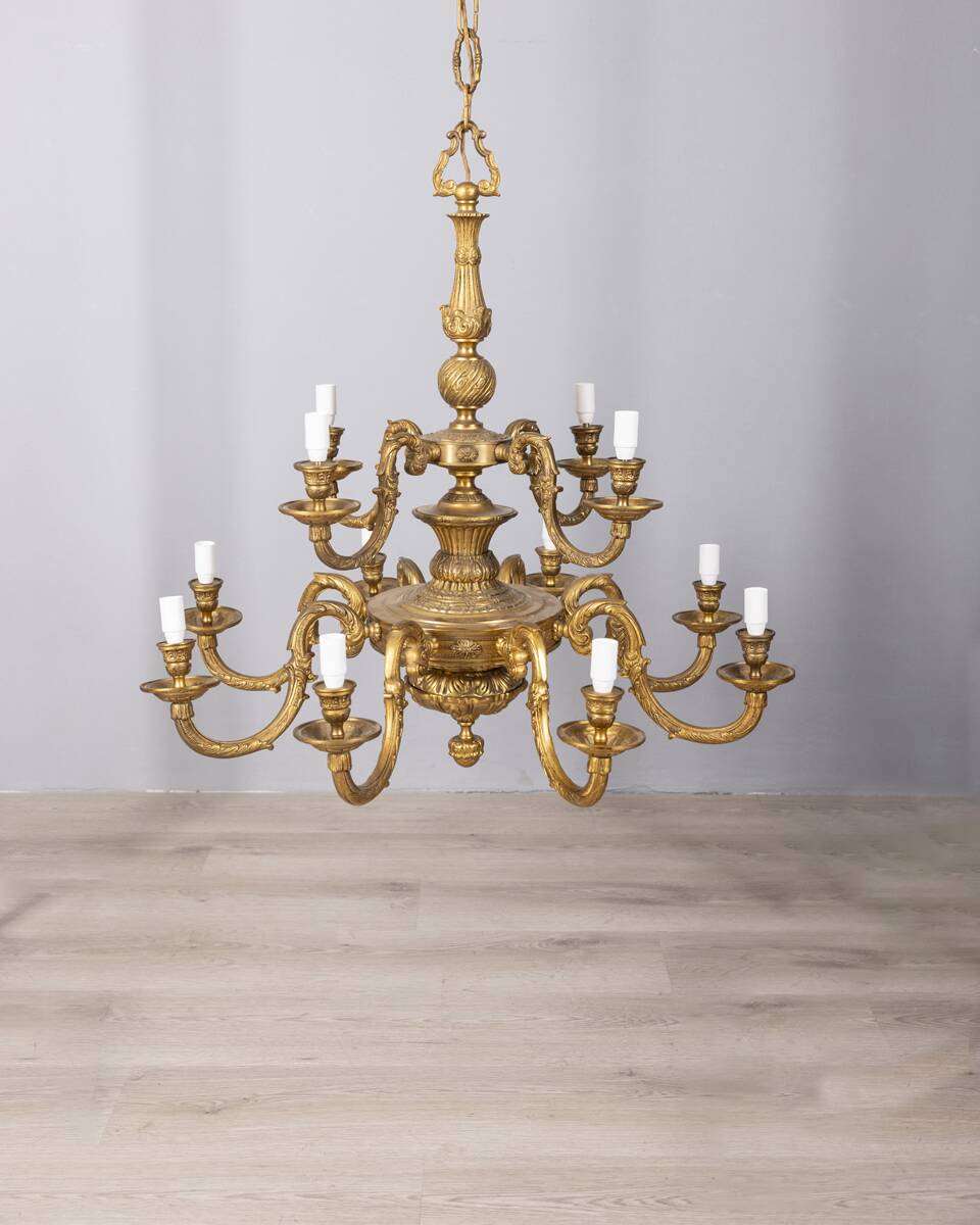 Classic 12 light golden bronze chandelier from the mid-20th century