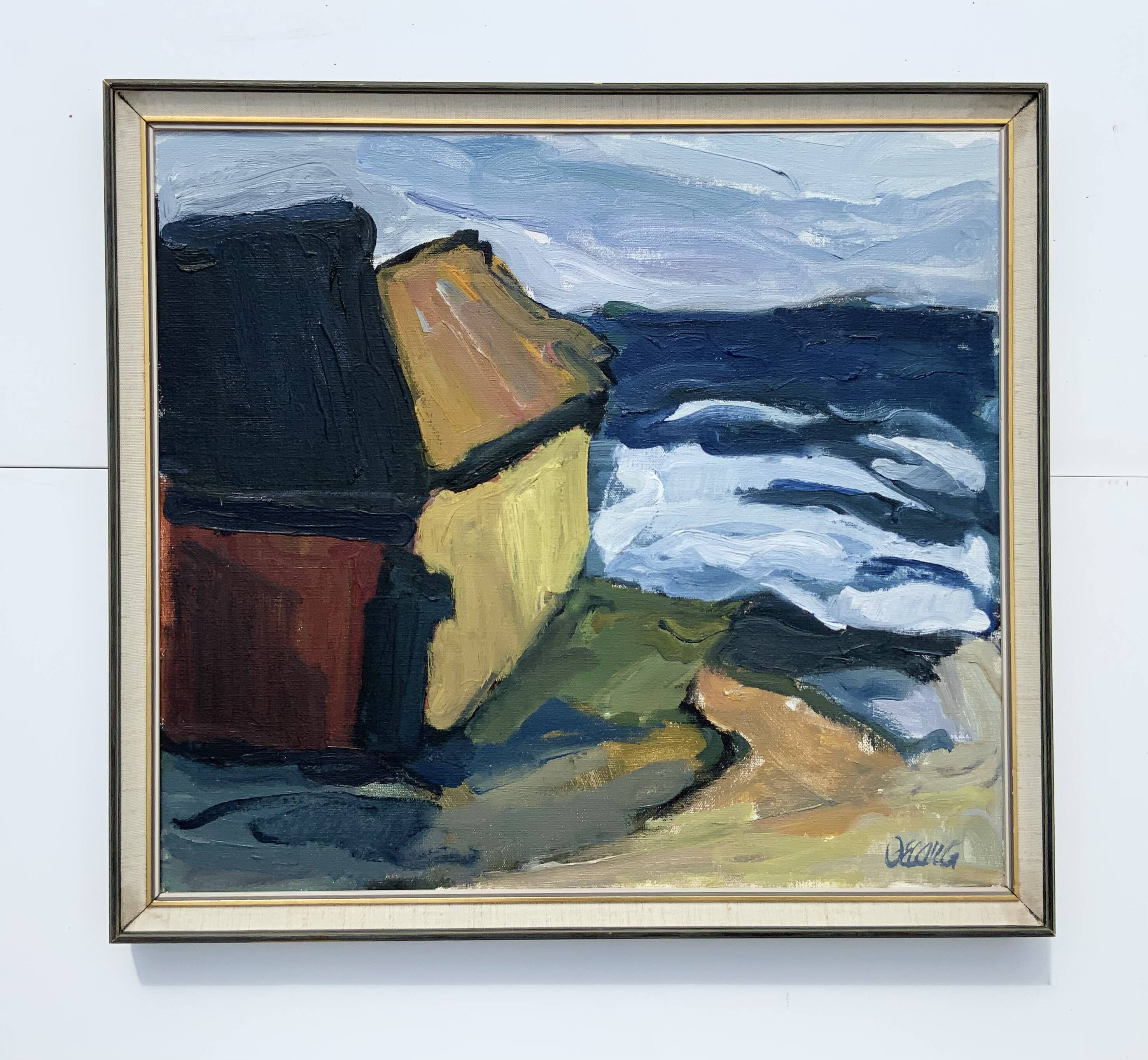 Peinture à l'huile sur toile expressionniste vintage "Maisons de bateaux", Stig Delang 76