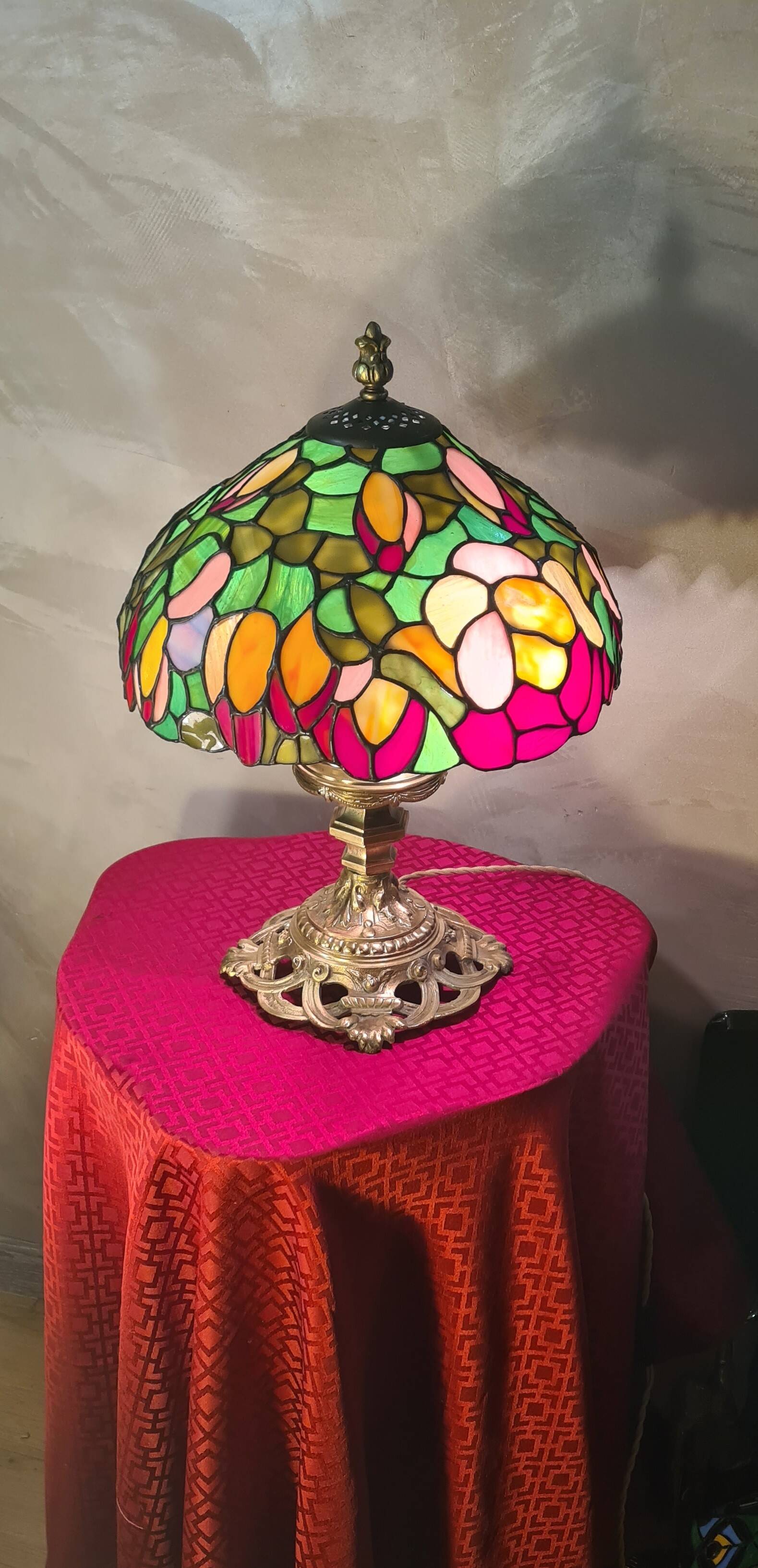 antique bronze lamp and stained glass shade