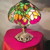 antique bronze lamp and stained glass shade