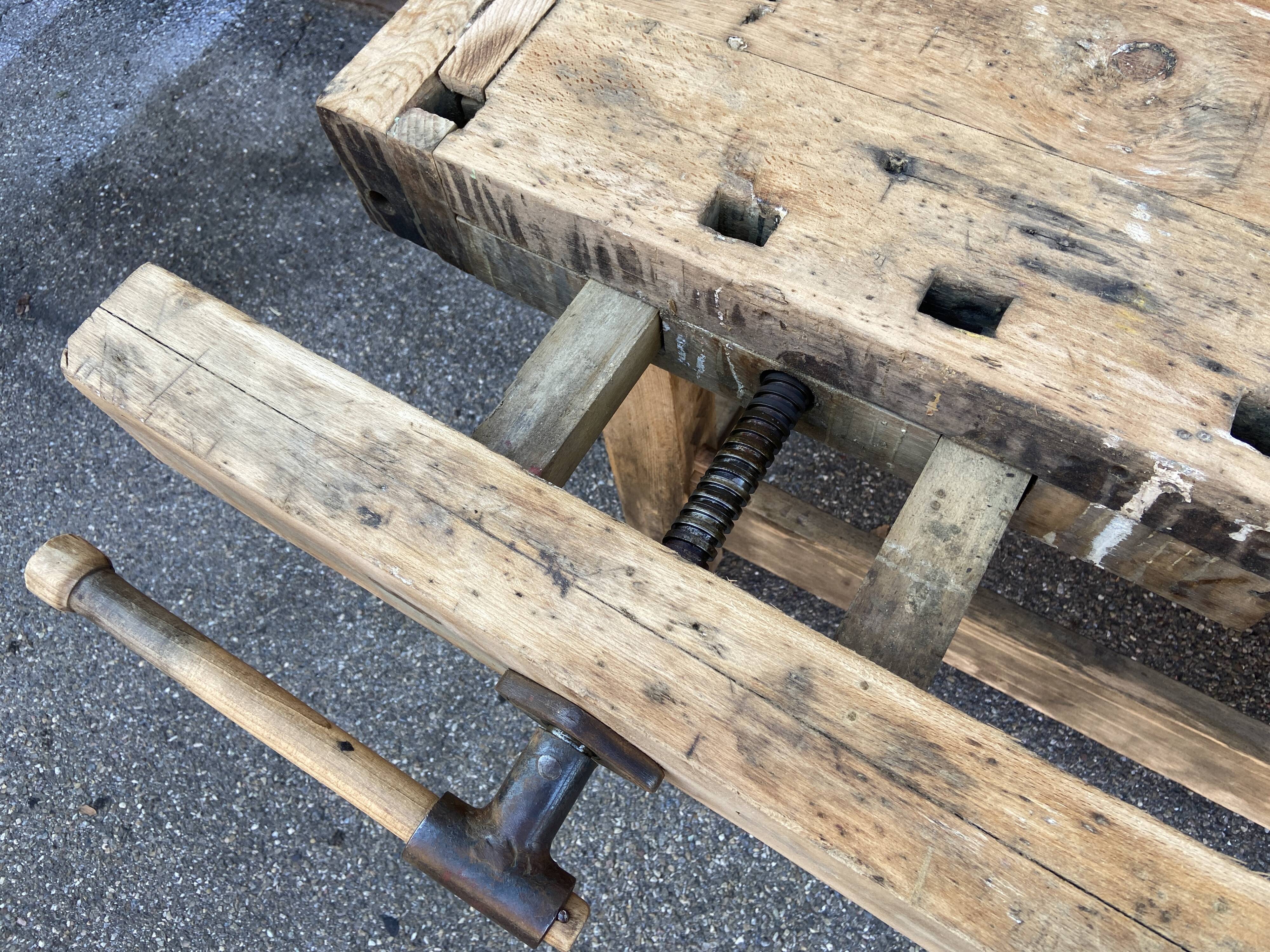 Industrial table Carpenter's workbench in natural raw wood vintage bohemian