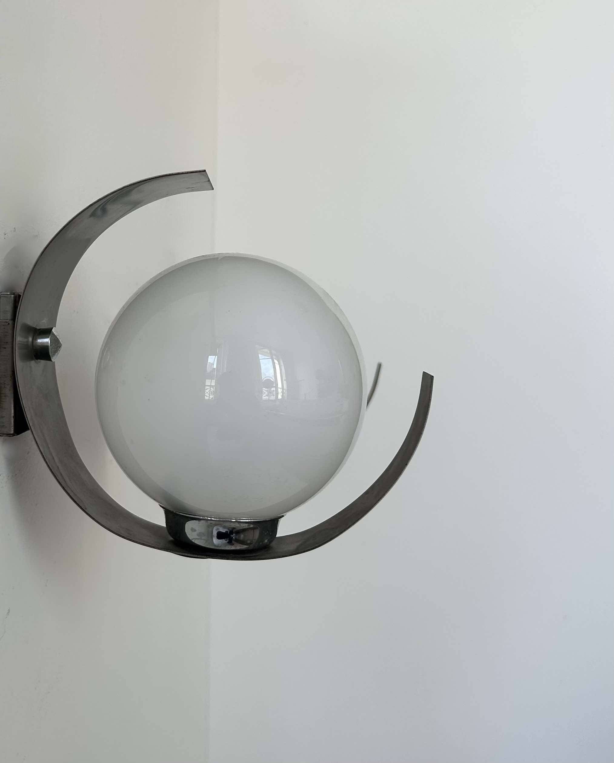 Pair of vintage opaline and chrome wall lights, France 1970