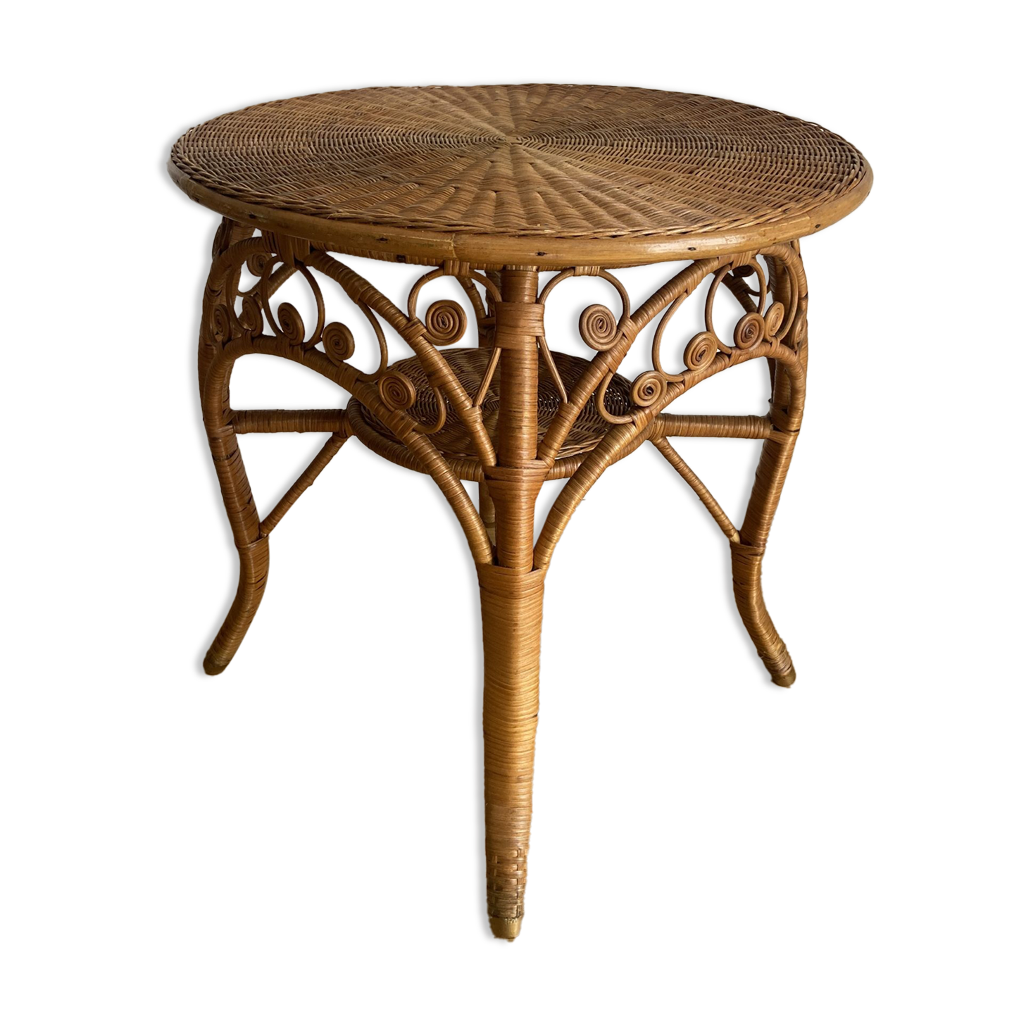 VINTAGE RATTAN SIDE TABLE PEACOCK PATTERN