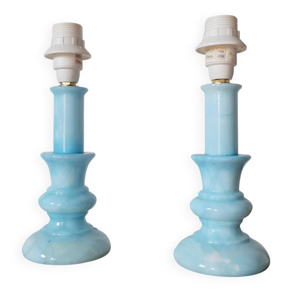 Paire de lampes de chevet en albâtre bleu azur vintage