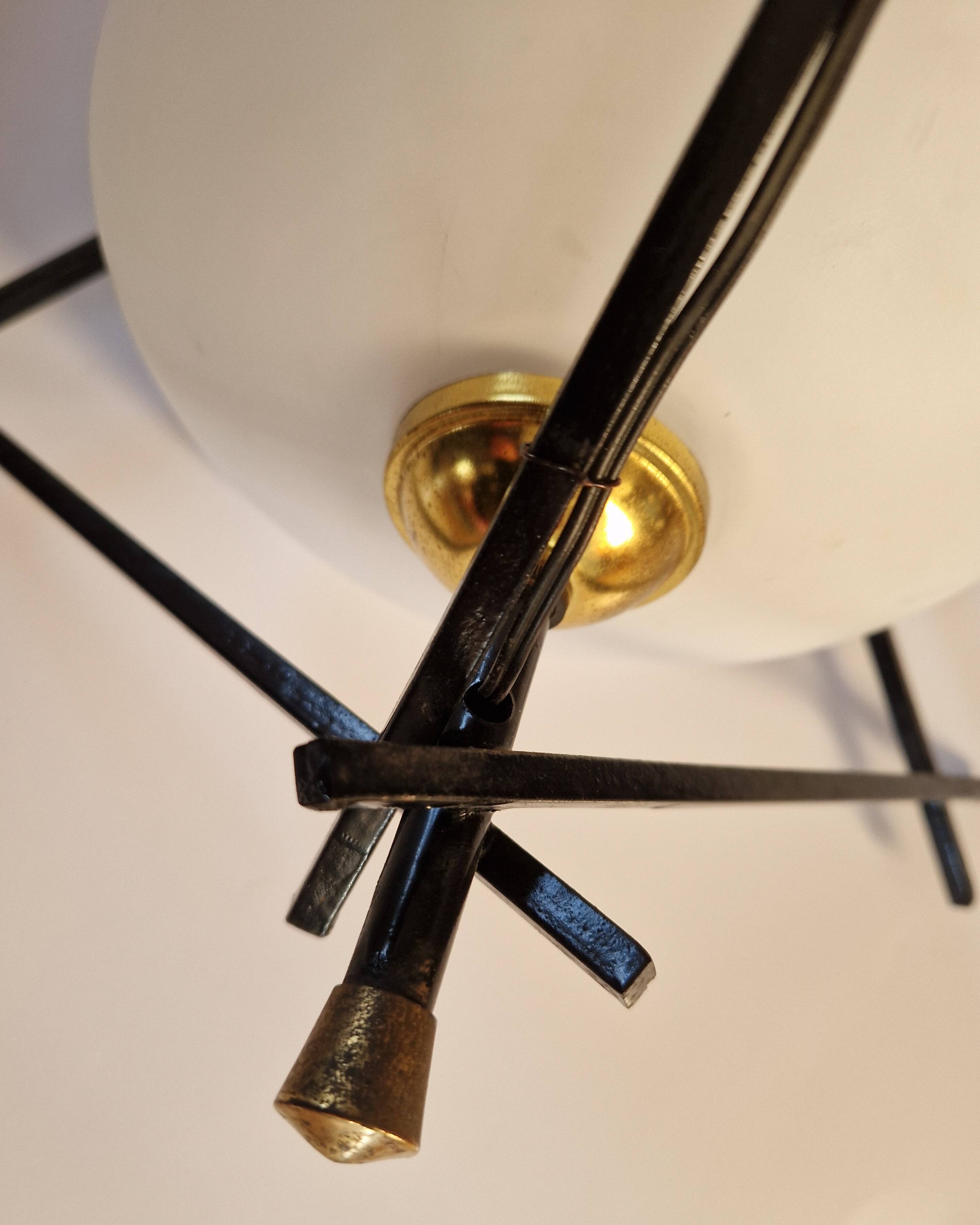 Opaline and metal triangular pendant light from Maison Lunel, 1950