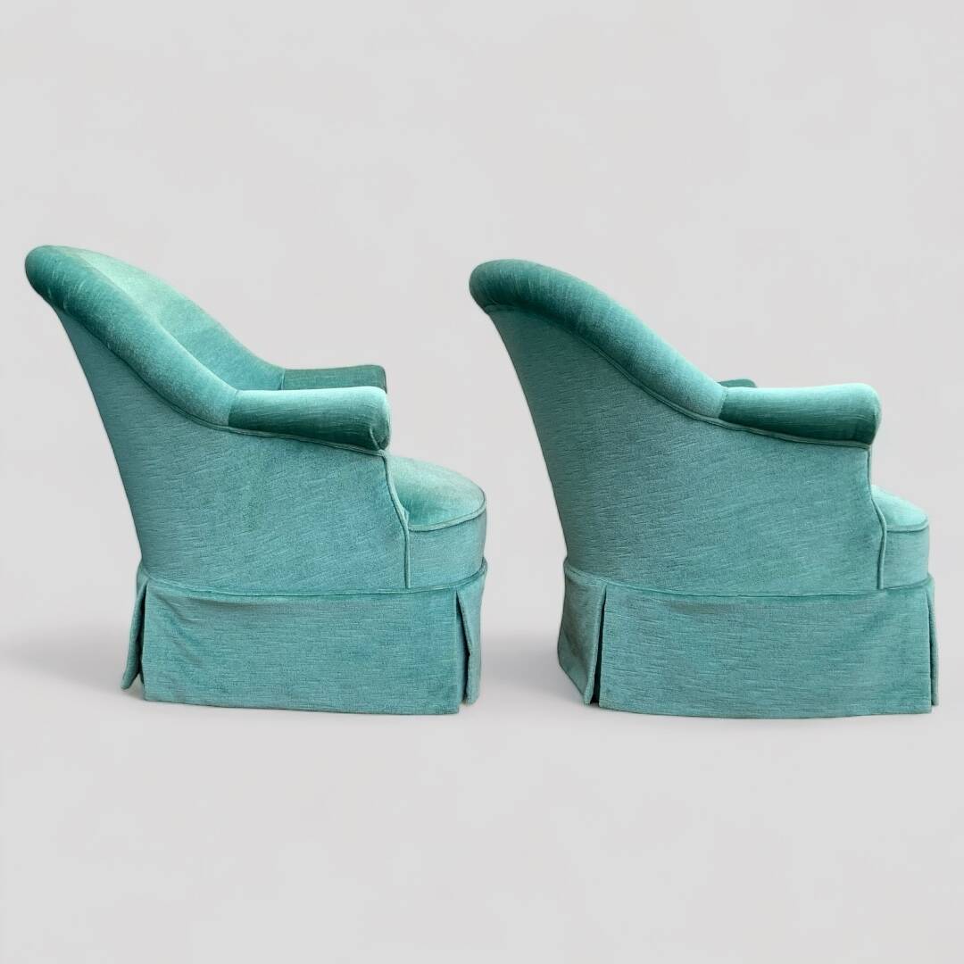 Pair of toad armchairs in water green velvet, 1970