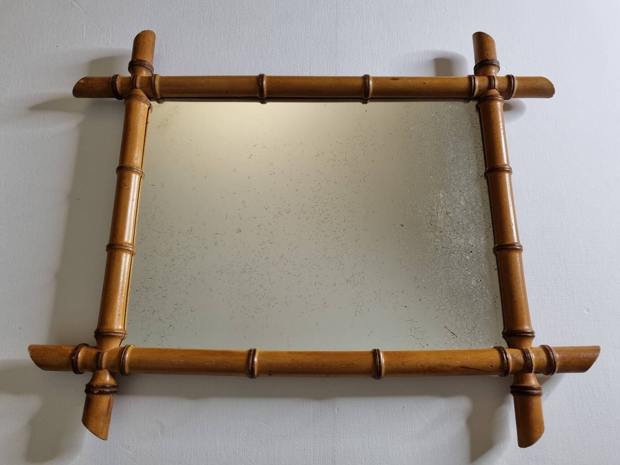 Turned wooden mirror in imitation of bamboo, mid-century, 54 cm x 67 cm