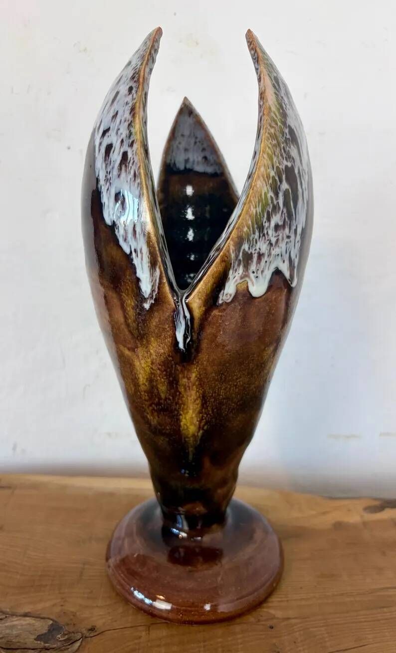 Vintage Mid-Century Modern Studio Pottery Tulip Lotus Bud Pedestal Vase - Earthen Brown & White Glaze